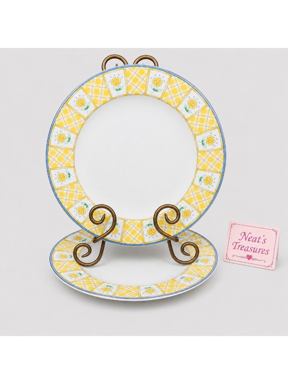 Studio Nova SPRING TERRACE Y0310 Yellow Floral Blue Trim Rim Dinner Plates Set 2